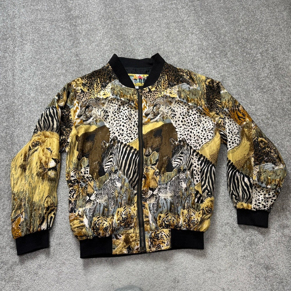 Vintage 100% Silk Atlantic Beach Bomber Jacket Safari Zoo Wild Animal Size Small